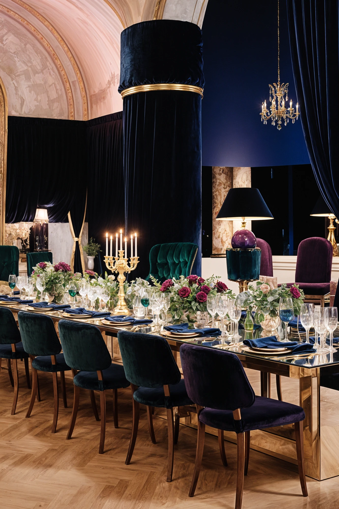 Gold Reception Tables With Navy Blue Chairs and Chandeliers and Orchid Decors