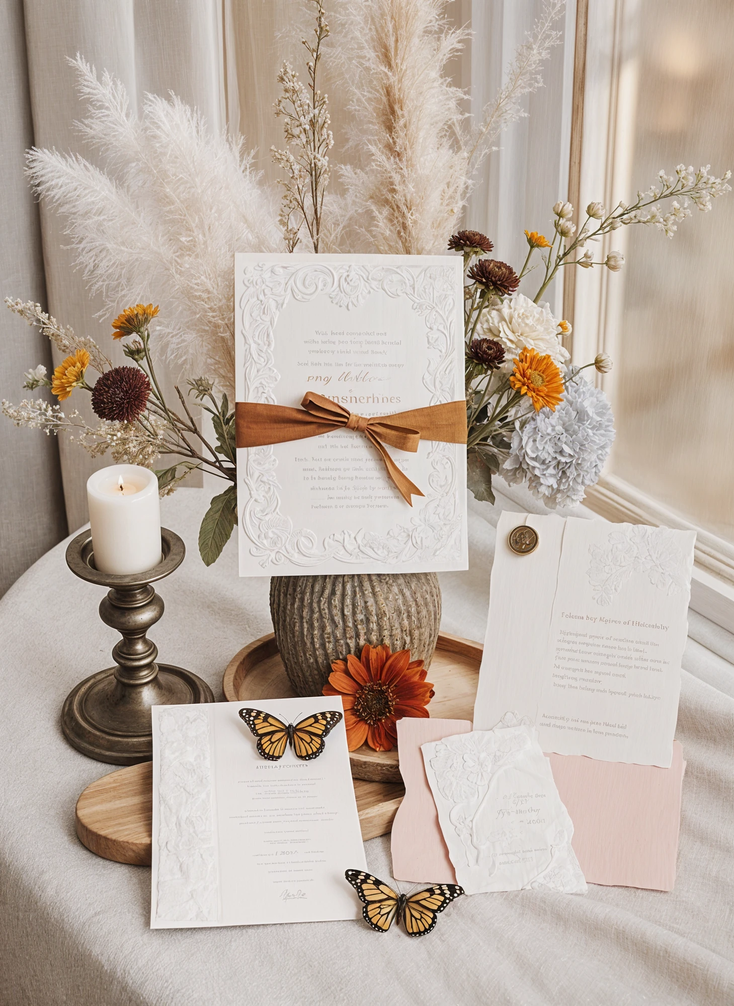 Floral painting wedding invitations next to ring and small monarch butterflies