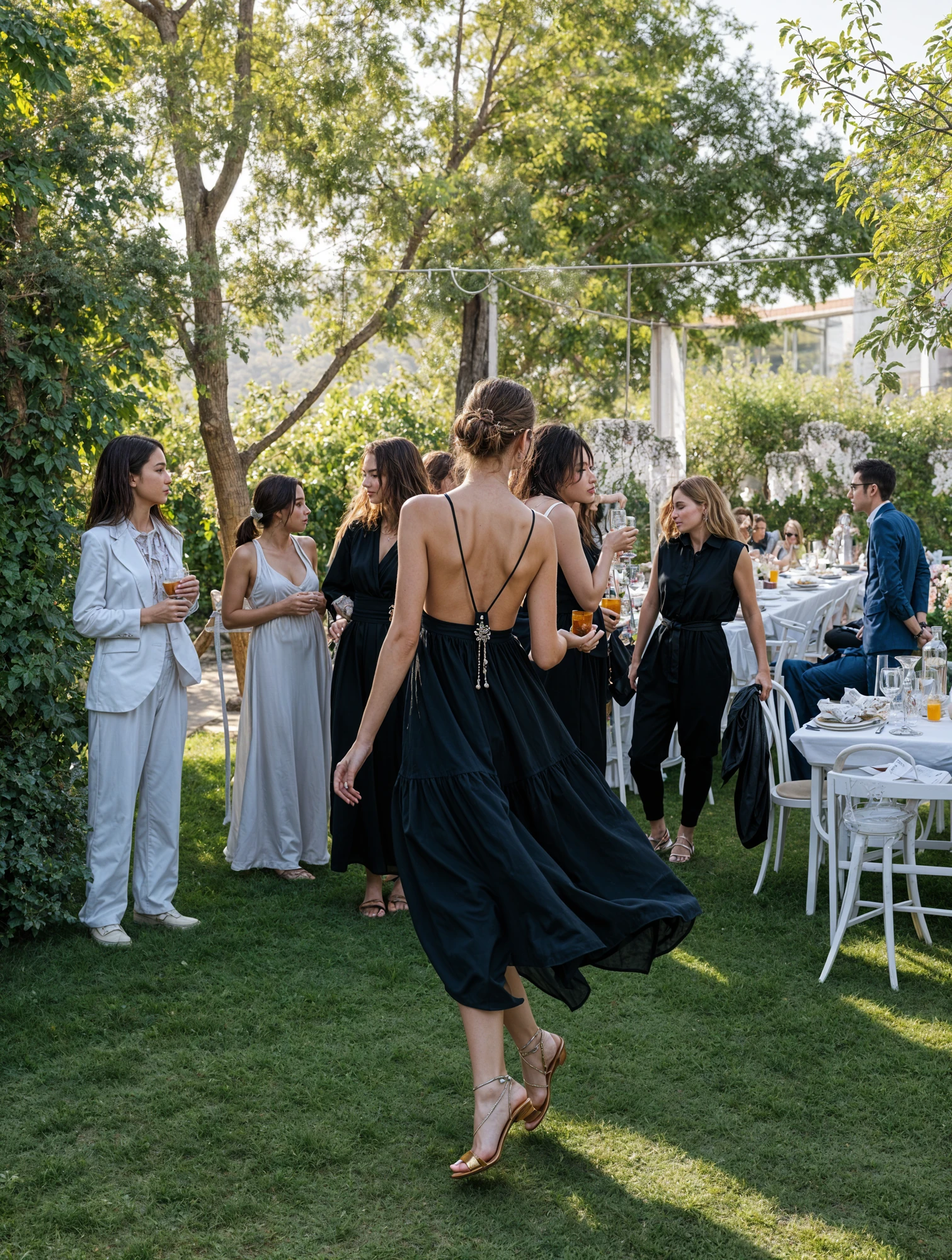 Wedding Guest in Black Dress and Red Shoes