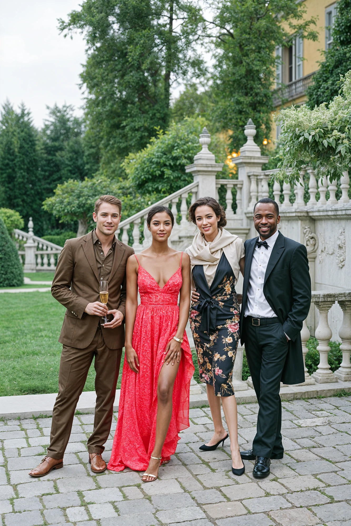 Wedding Guests Posing in Formal Attire on Cobblestone