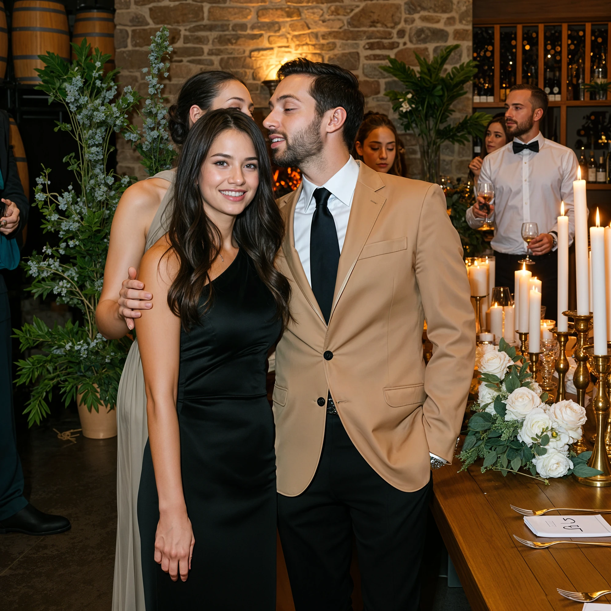 Dark-Haired Woman in Black Dress and Man in Tan Jacket Smiling