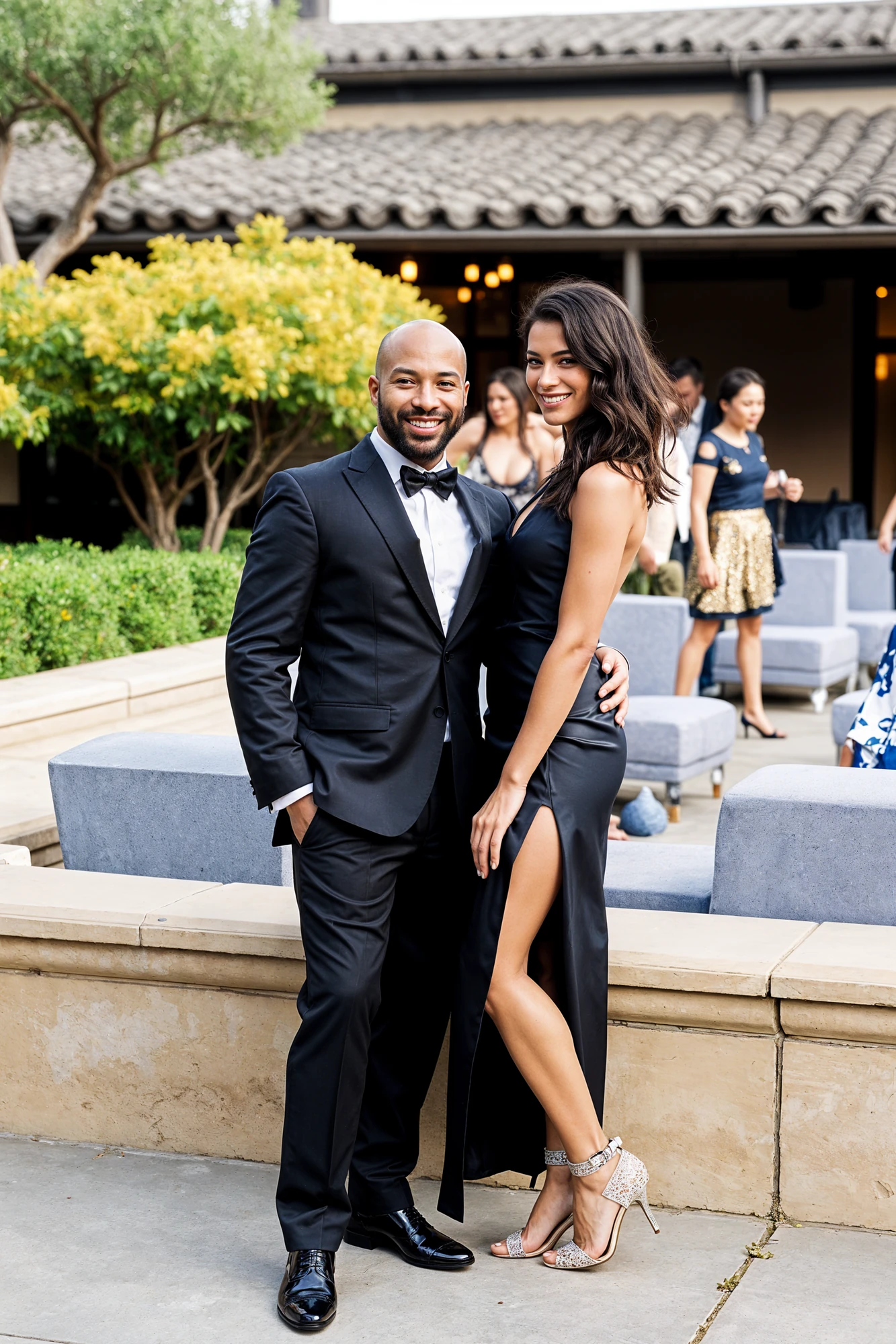 Black Man and Woman Wearing Black and Smiling in Front of Water Fountain