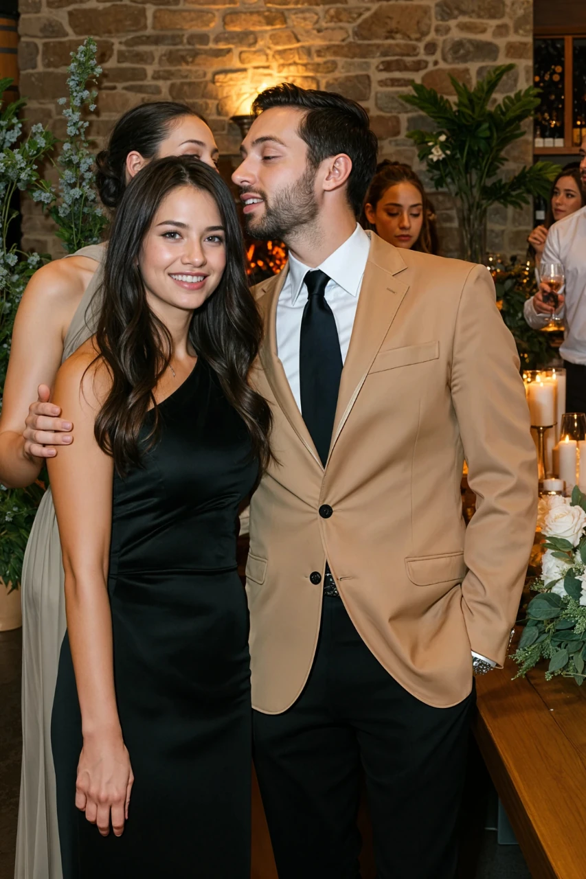 Dark-Haired Woman in Black Dress and Man in Tan Jacket Smiling