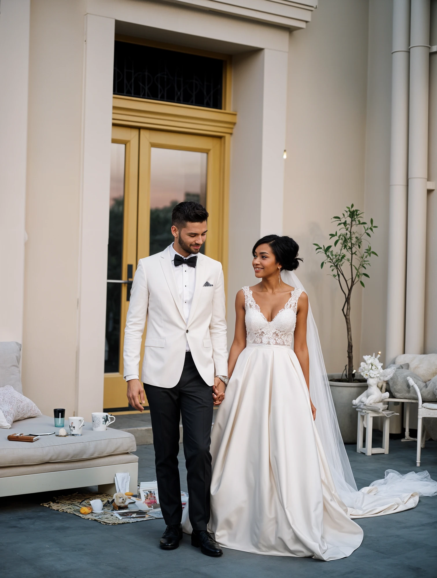 Groom in White Tuxedo Jacket and Bride in Lace Wedding Dress Holding Hands
