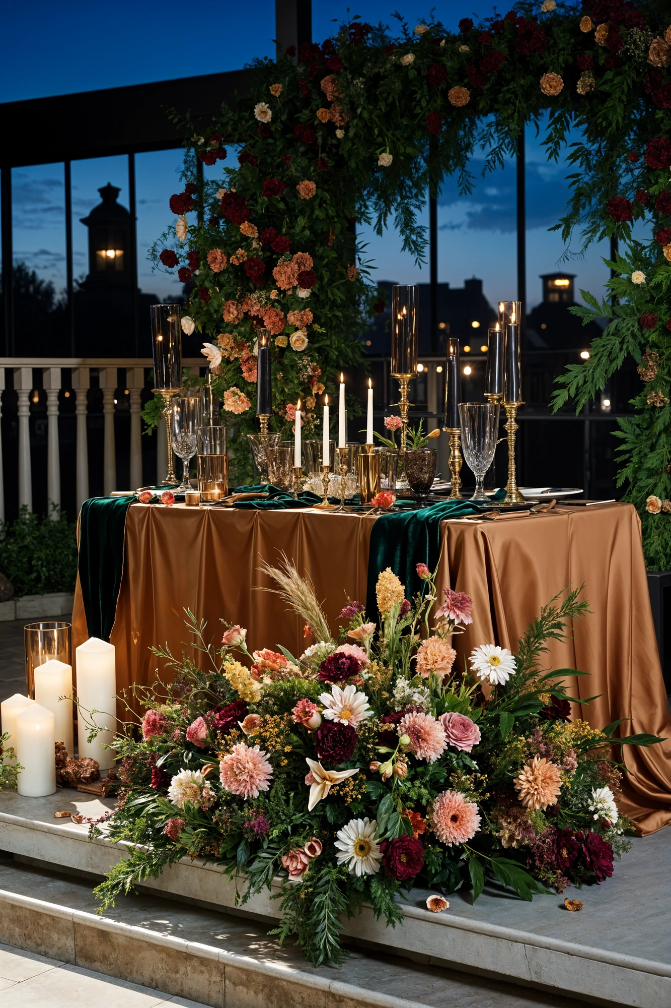 Dark flower decor and candles at gold main table in front of large window 