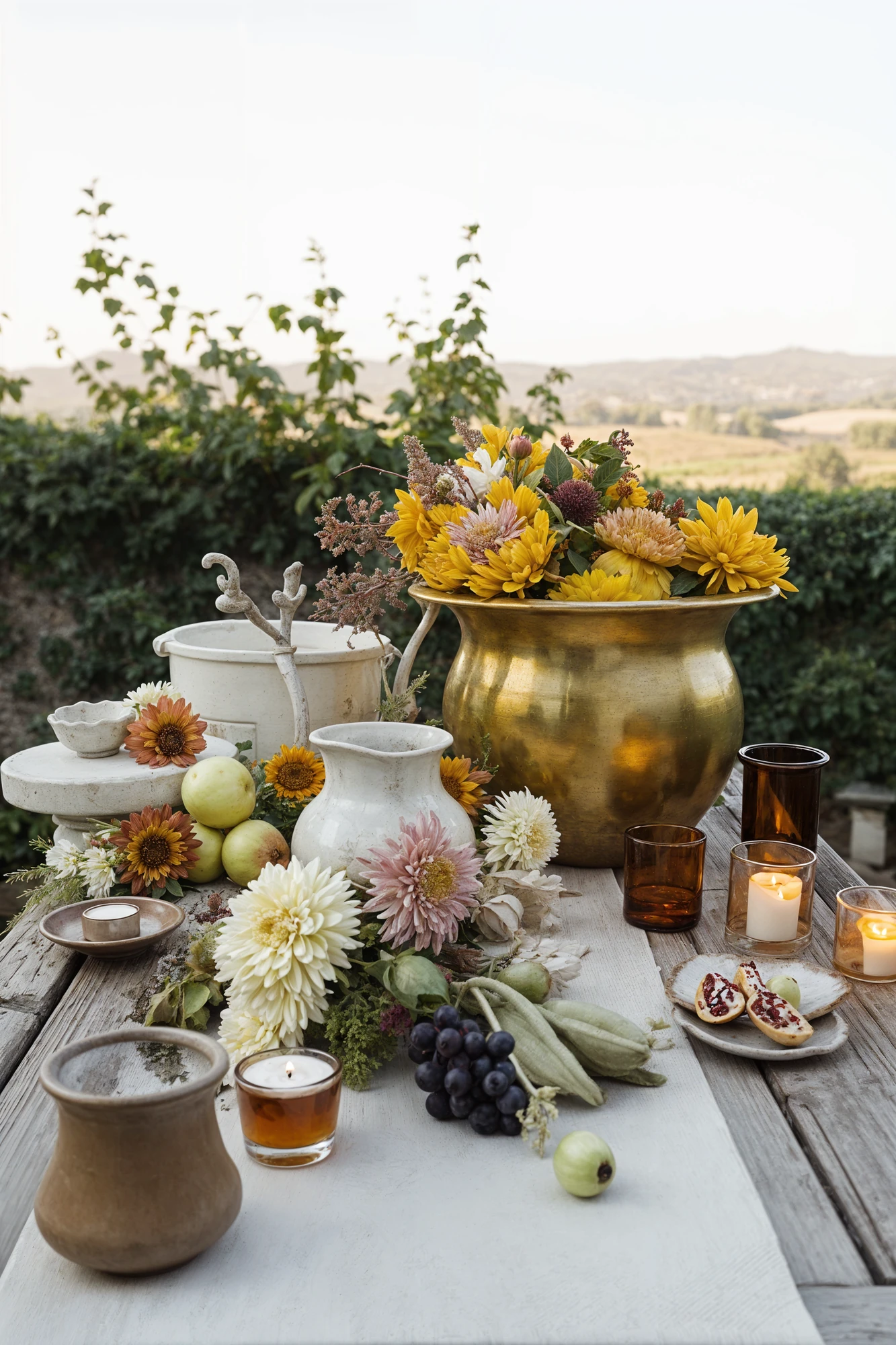Floral arrangement and candles on a table with an outdoor setting in the background