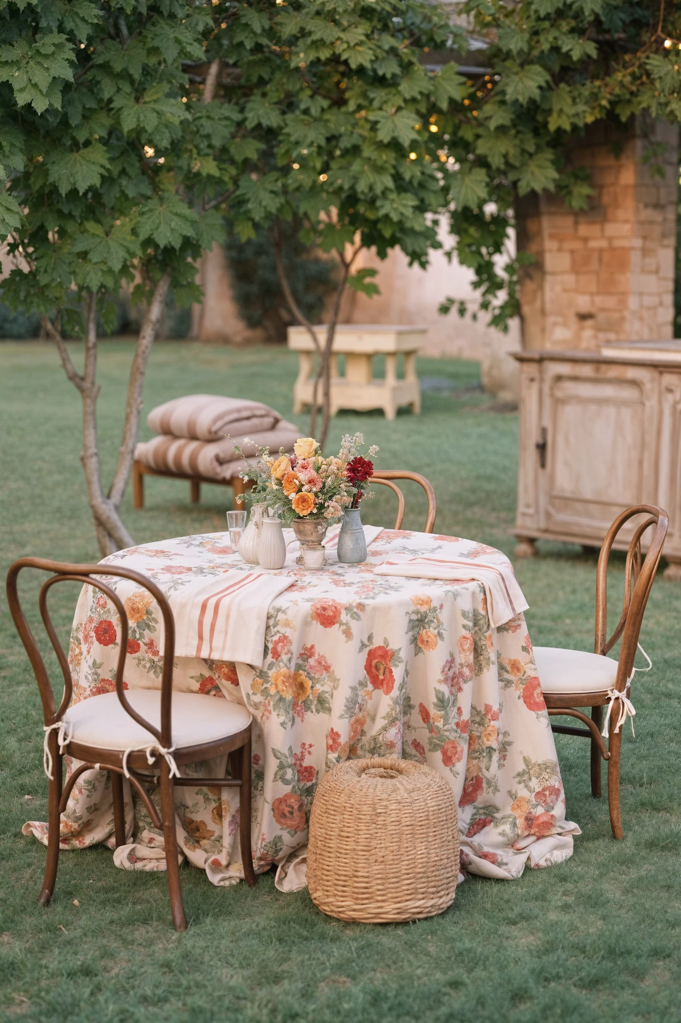 Flower Table Cover With Flower Decor On Round Cocktail Hour Table