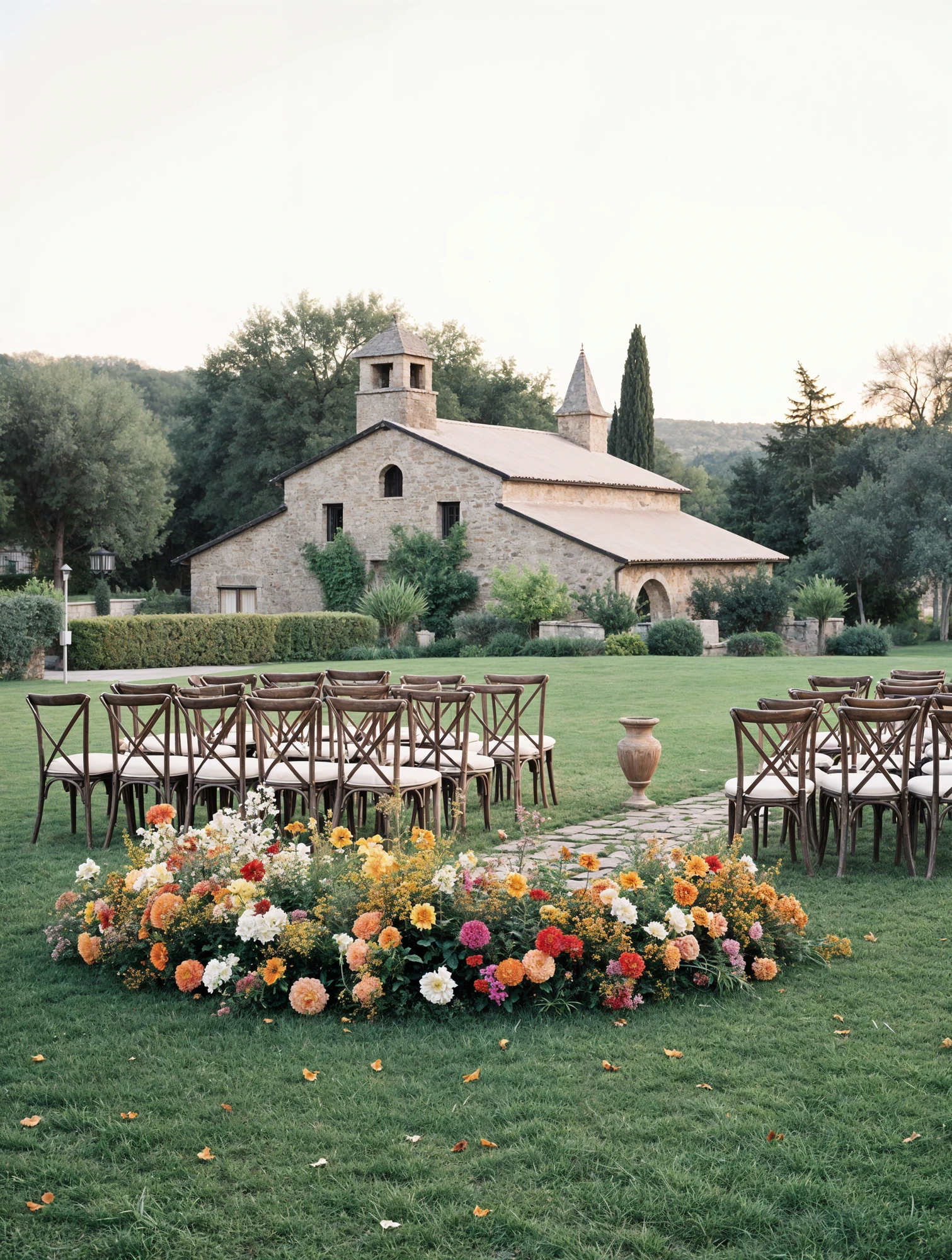 Pink and orange flower decor next to wooden chairs at outdoor wedding ceremony