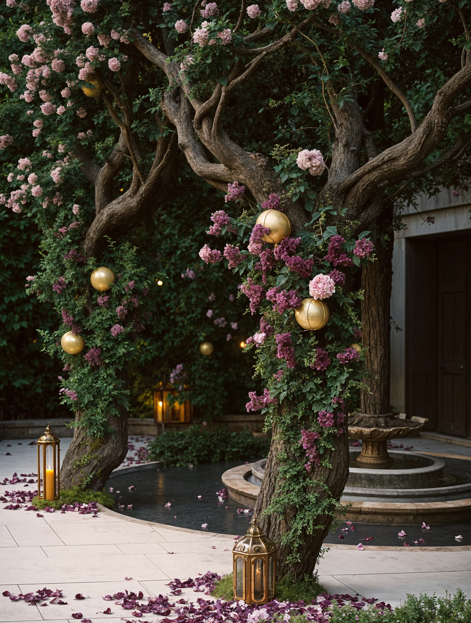 Flower and Pink Rose Tree Decor at Wedding Altar