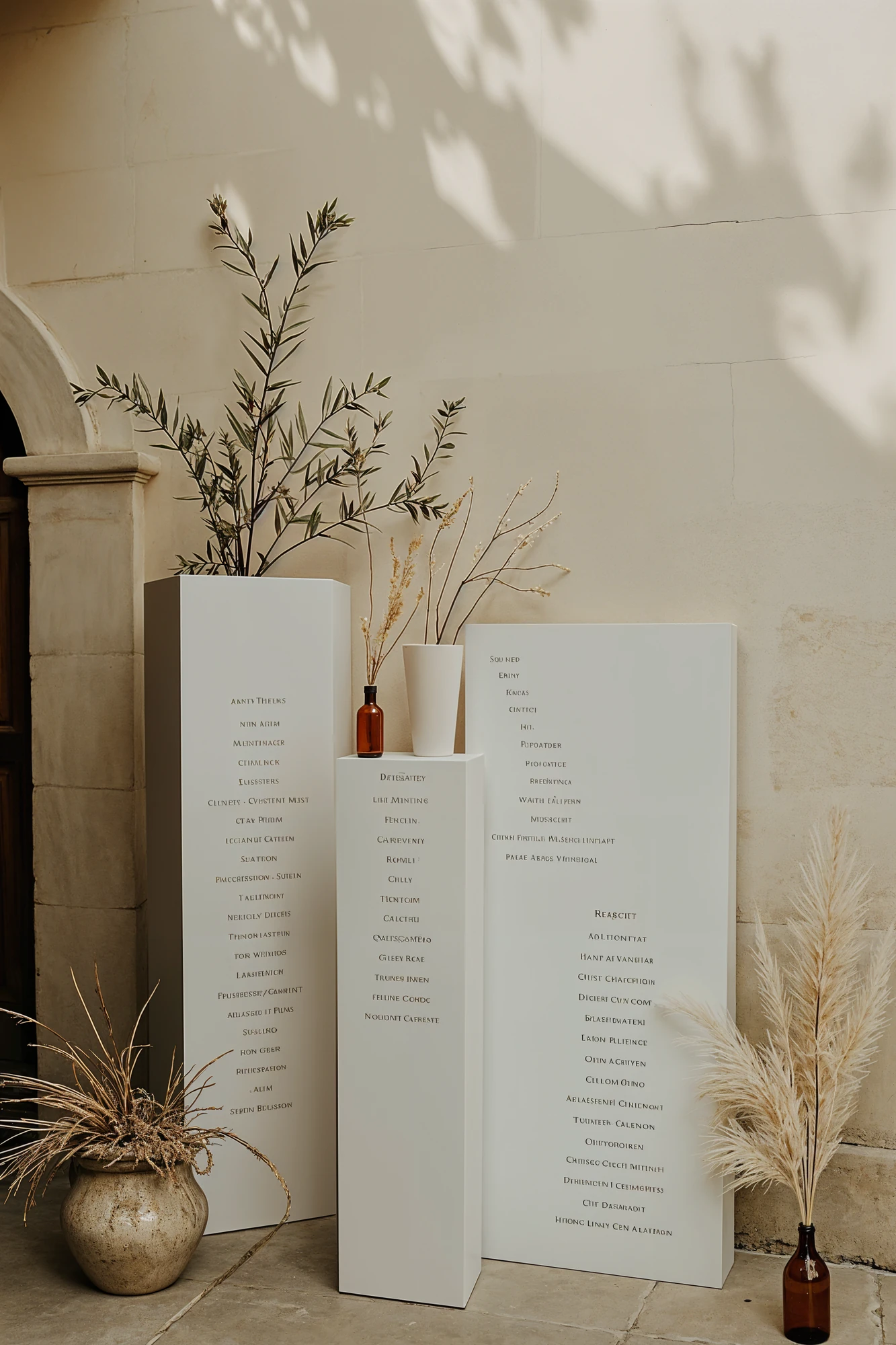 Wedding Seating Chart Installation Made from White Blocks with Dried Floral Accents