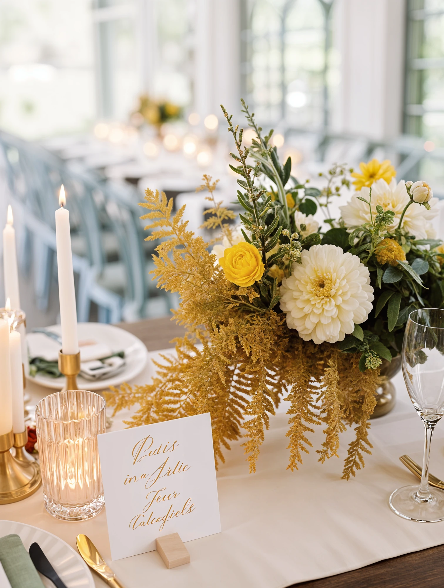 Reception Tables with Autumnal Centerpieces of Dahlias, Golden Ferns, Butterfly Ranunculus, and Greenery