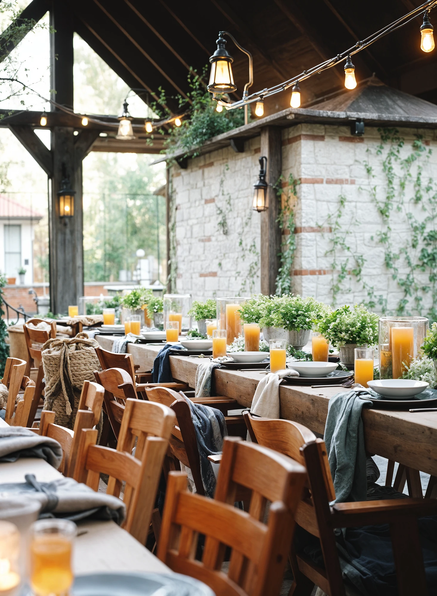 Intimate wedding reception with blankets and warm lighting