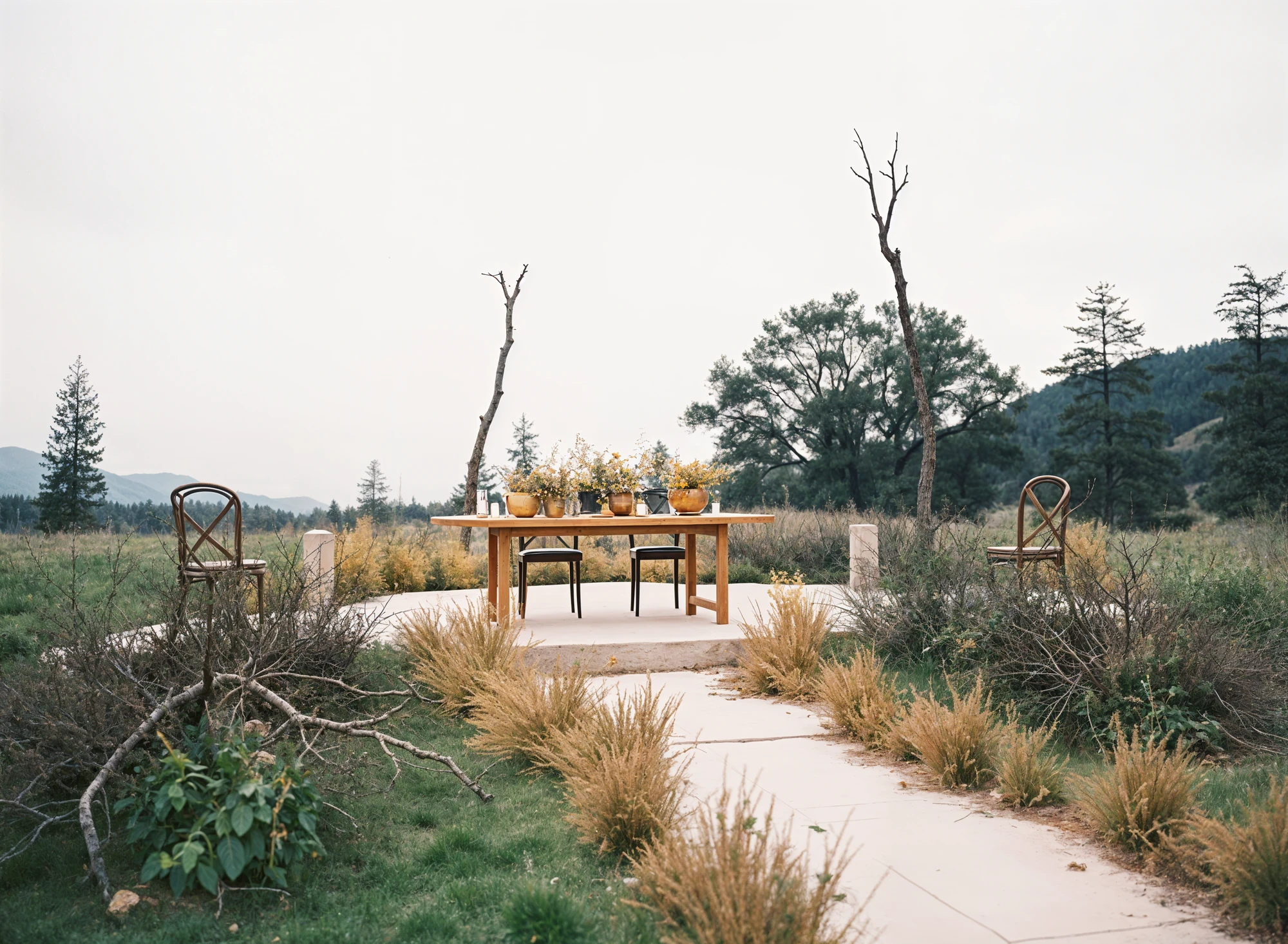 Long Wedding Ceremony Aisle with Muted, Autumnal-Colored Floral Arrangements and Black Chairs