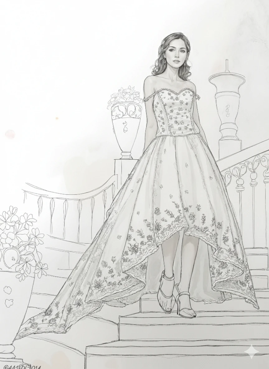 A sketch of a woman wearing a bridal gown with a long train