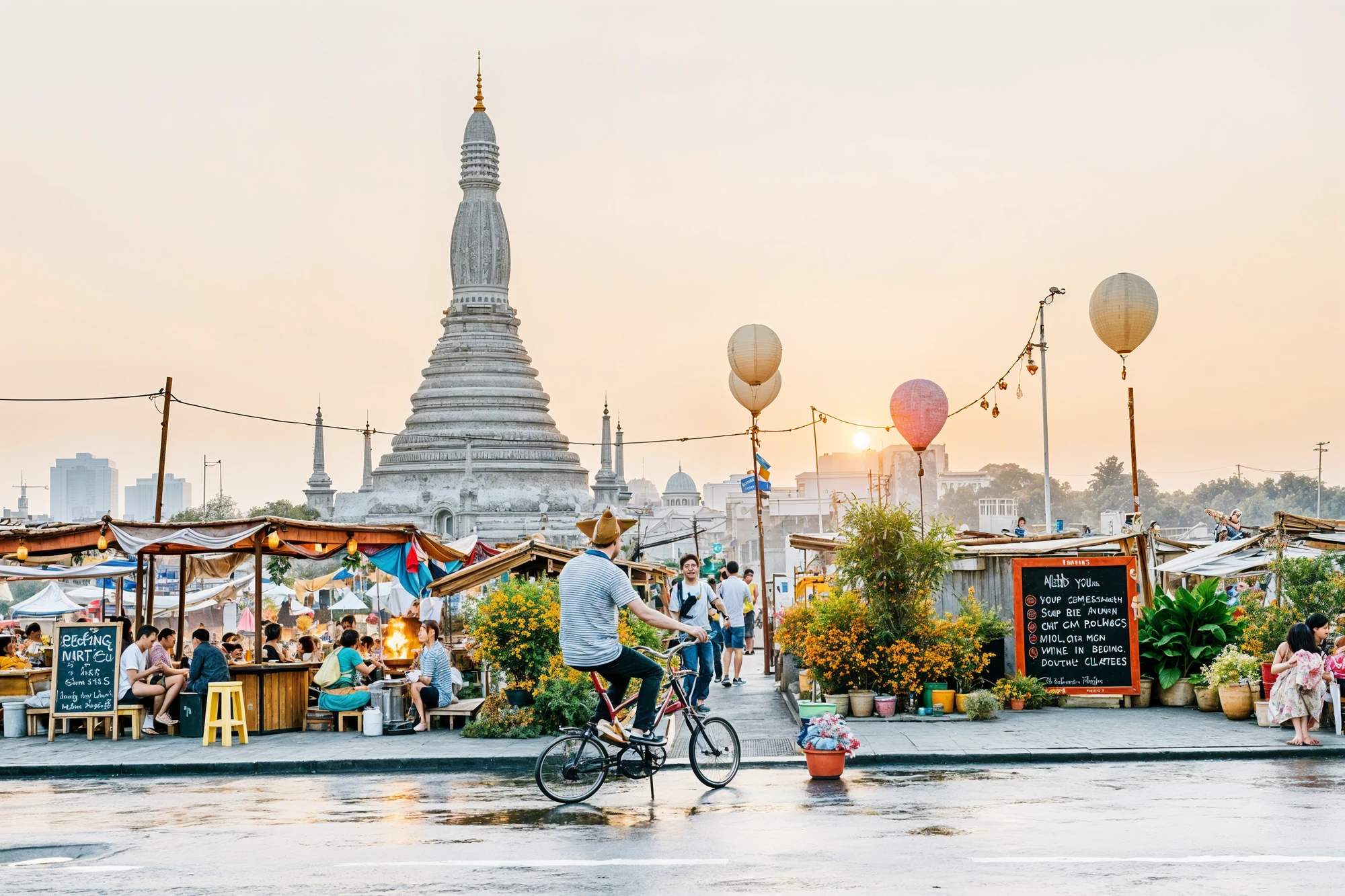 View of a Thai temple complex including the central spire of Wat Arun along a riverside setting with small boats in the foreground