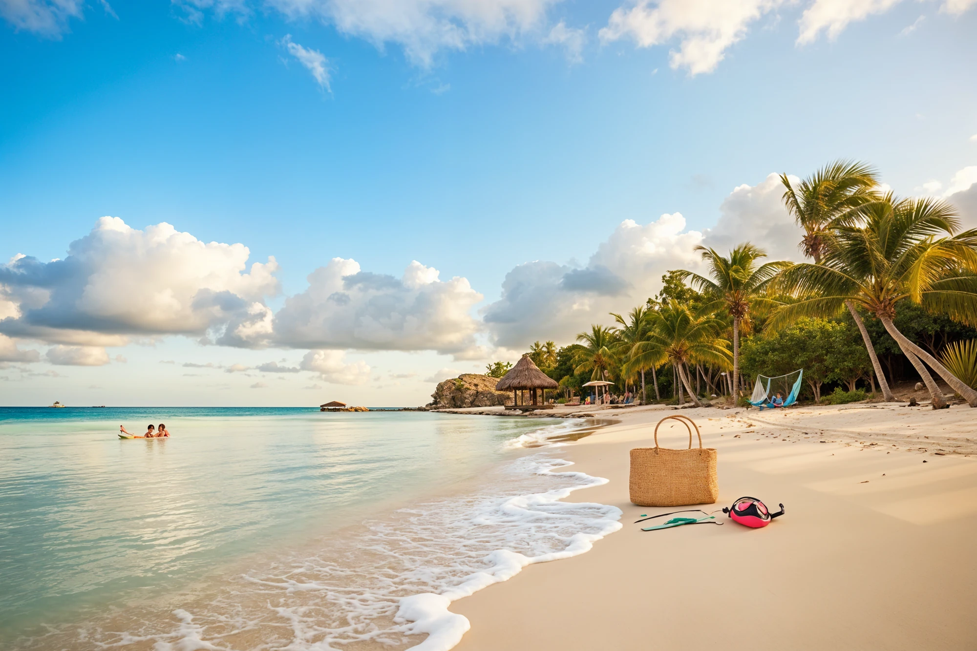 A sandy beach with palm trees along the shoreline ocean waves lightly washing up