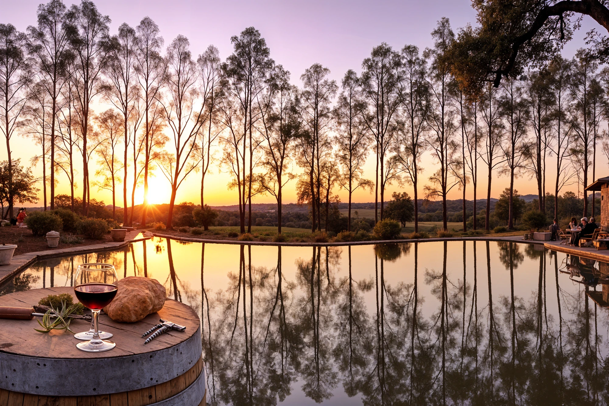 Trees reflecting on the surface of a still body of water at sunset people visible at the waters edge