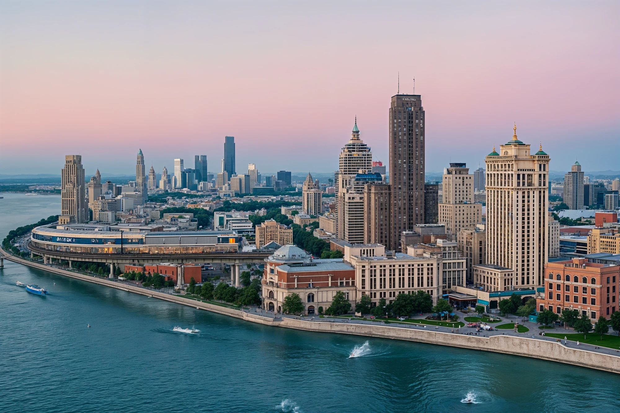 Cityscape with skyscrapers by a waterfront at sunset