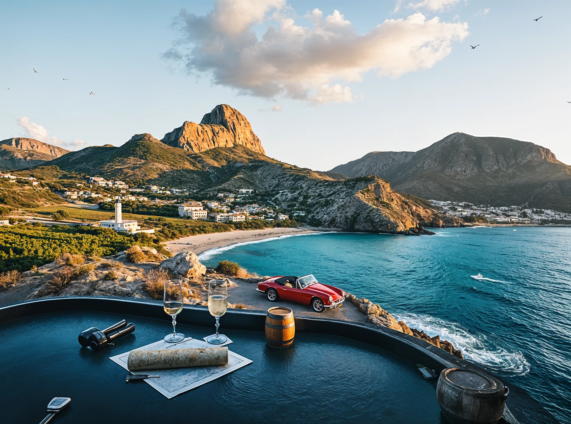 A coastal landscape with mountains ocean waves and seaside residences