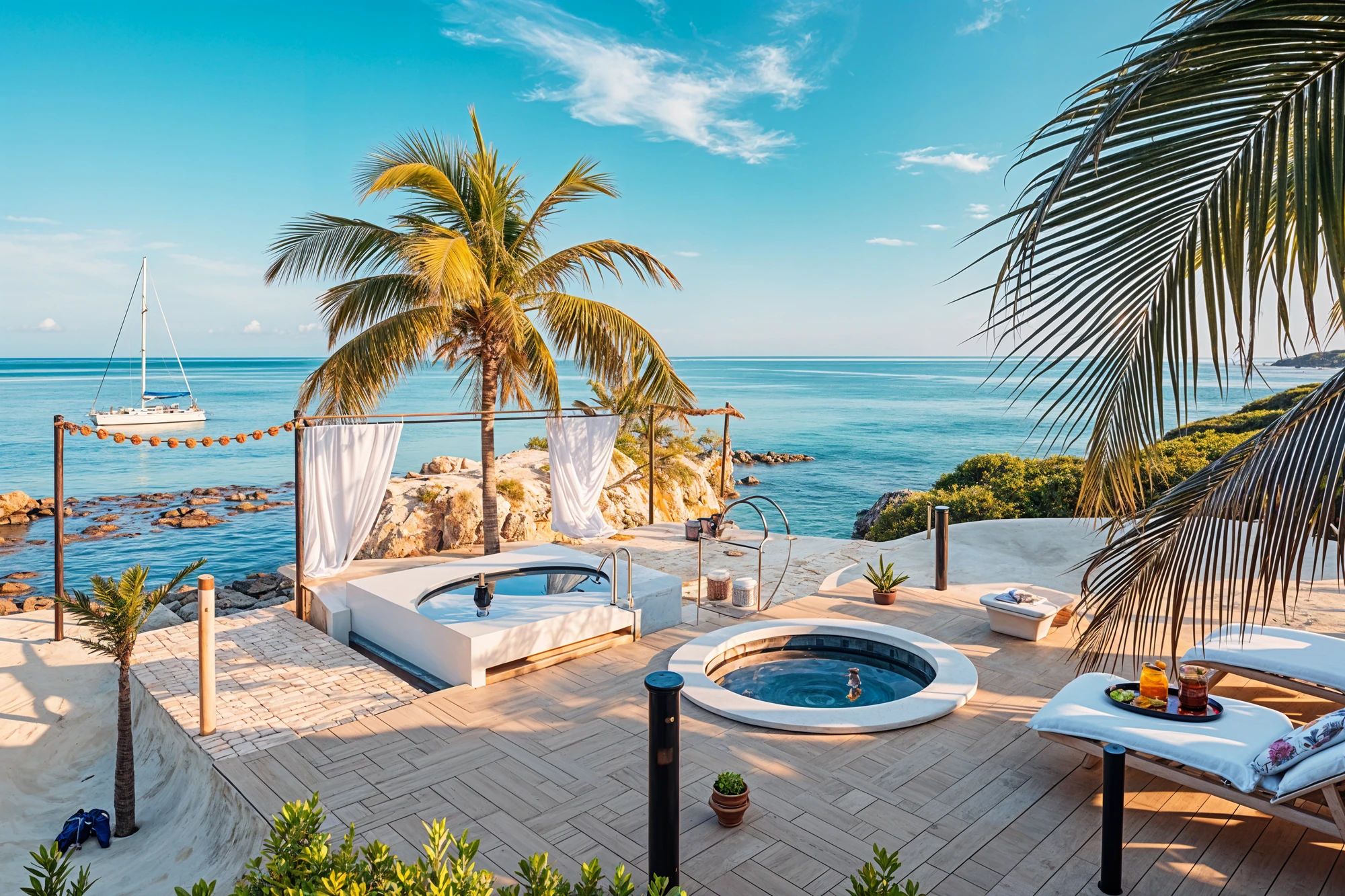 A beach with lounge chairs palm trees and a calm sea with rocks in the background