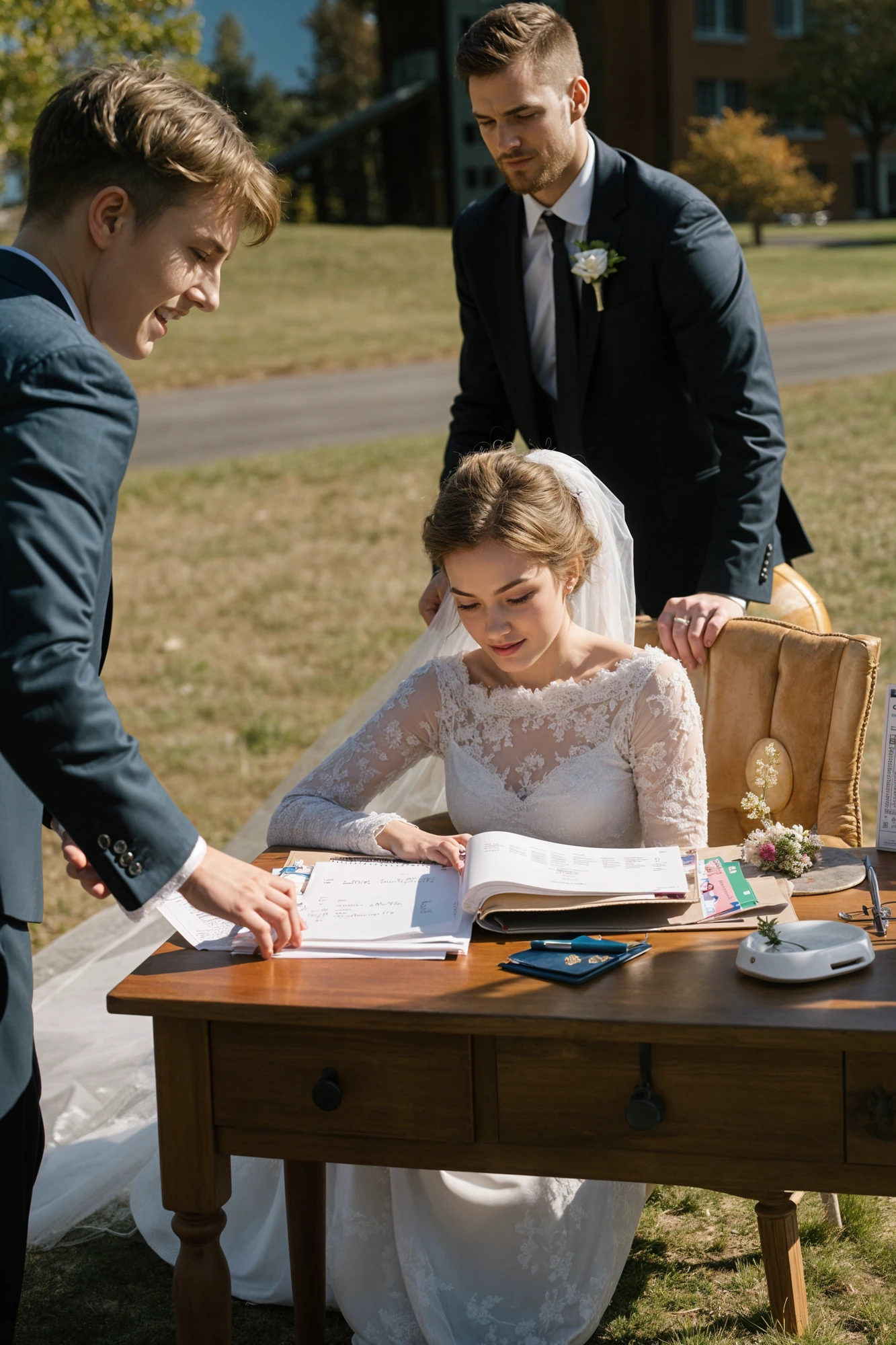 A bride signs a document at a table outdoors accompanied by a man in formal attire and another assisting with the papers
