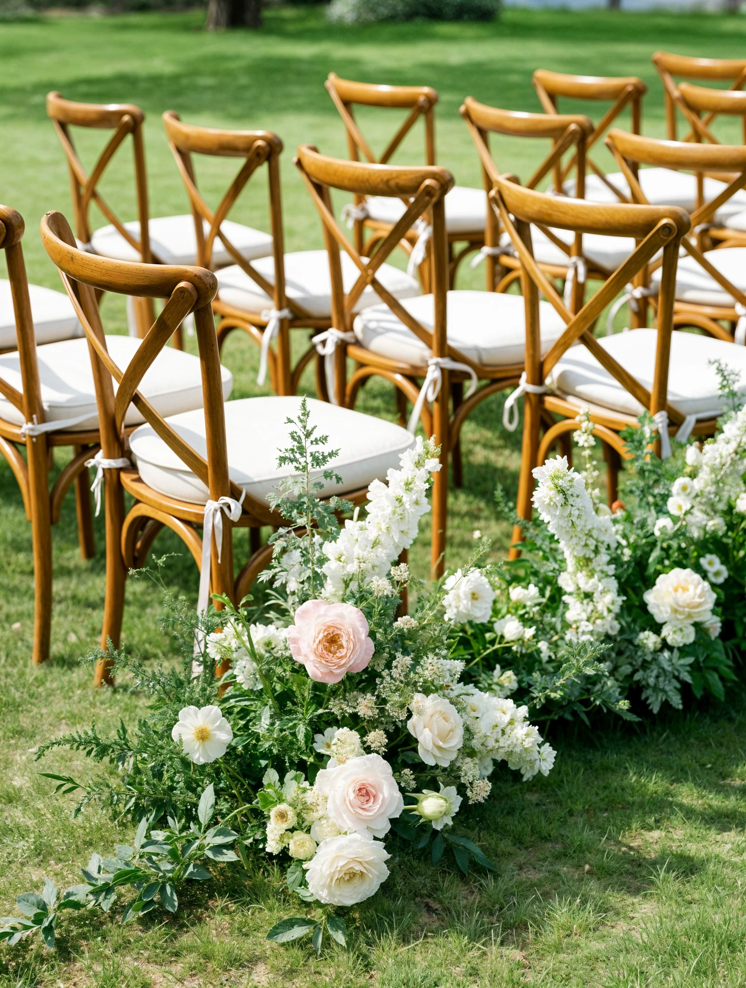 Pink and white flower decor next to wooden chairs with white cushions at wedding ceremony