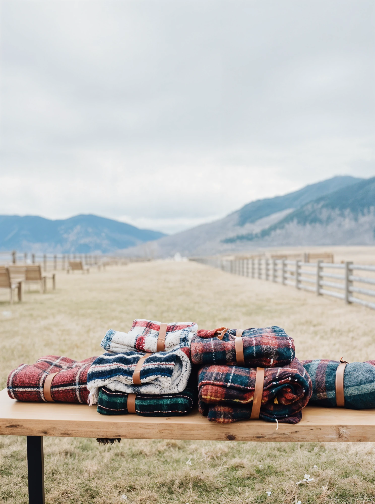 Plaid blankets stacked on an outdoor table, rural landscape with mountains and a wooden fence in the background.