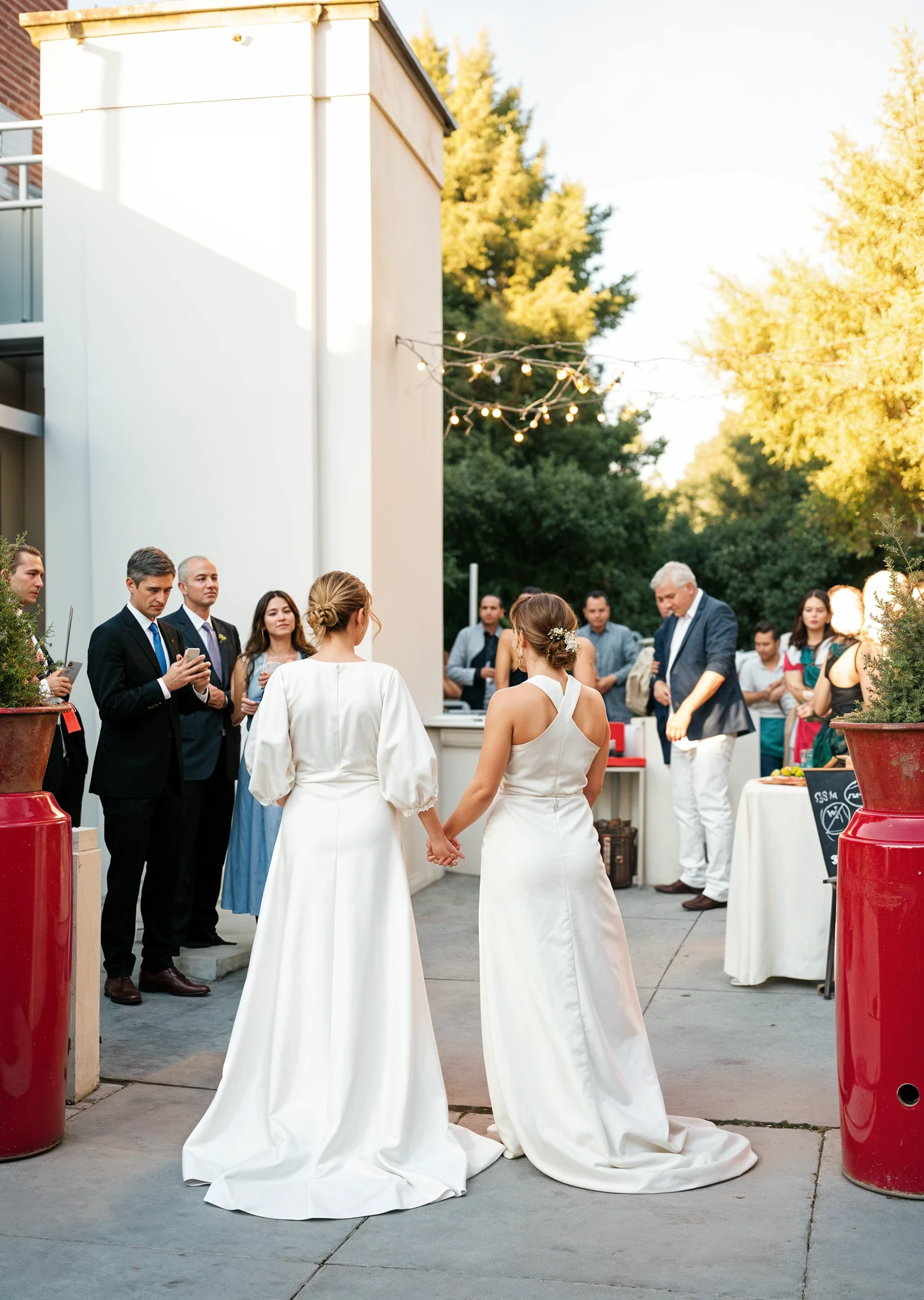 Two brides in white gowns walking through a pathway with guests applauding on either side
