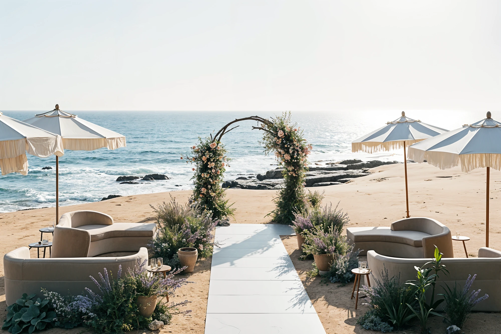 Beach Wedding Ceremony With Floral Arch, Couches, and Umbrellas