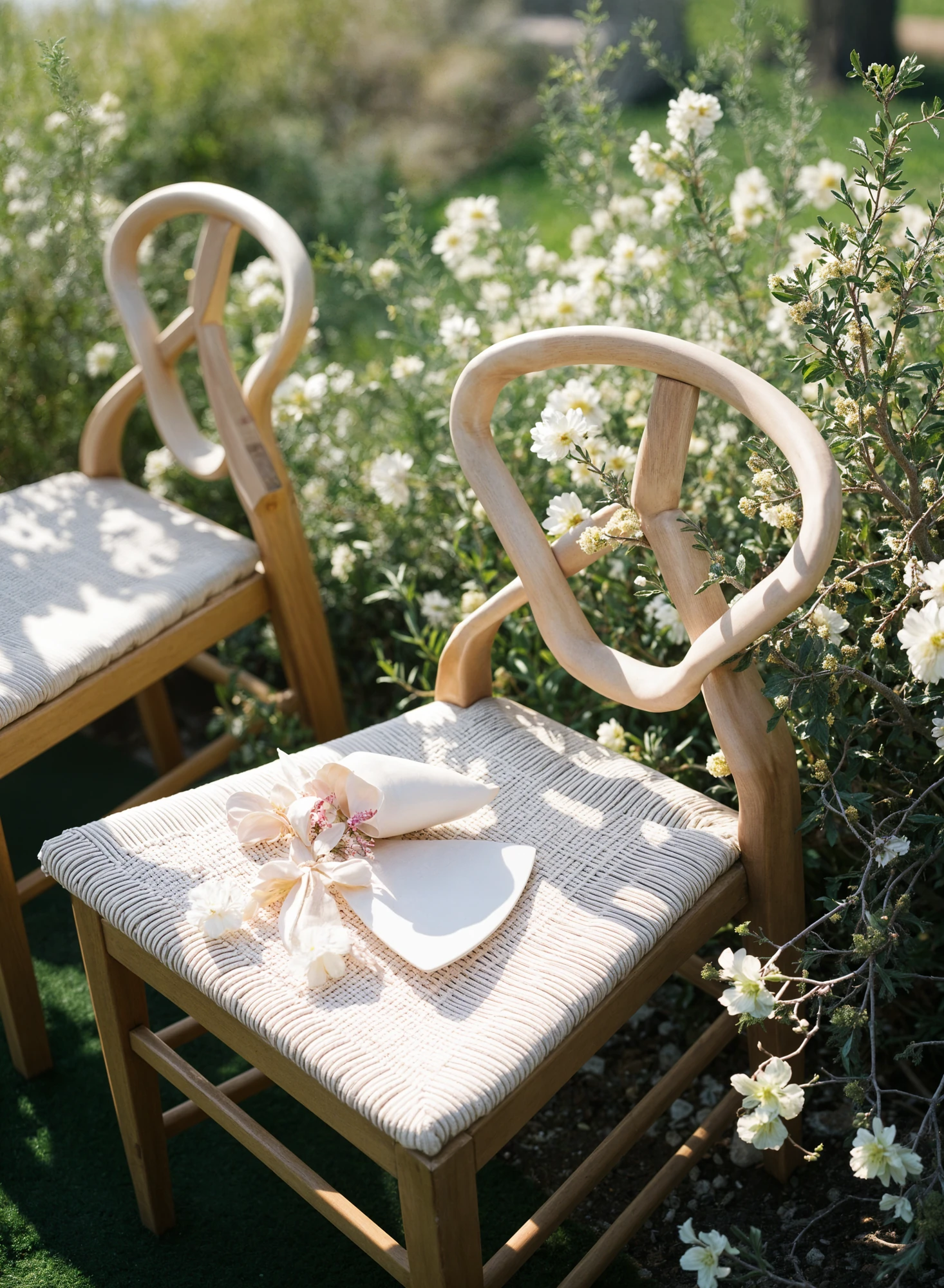 Wedding chairs adorned with fans and petals, surrounded by flowers outdoors