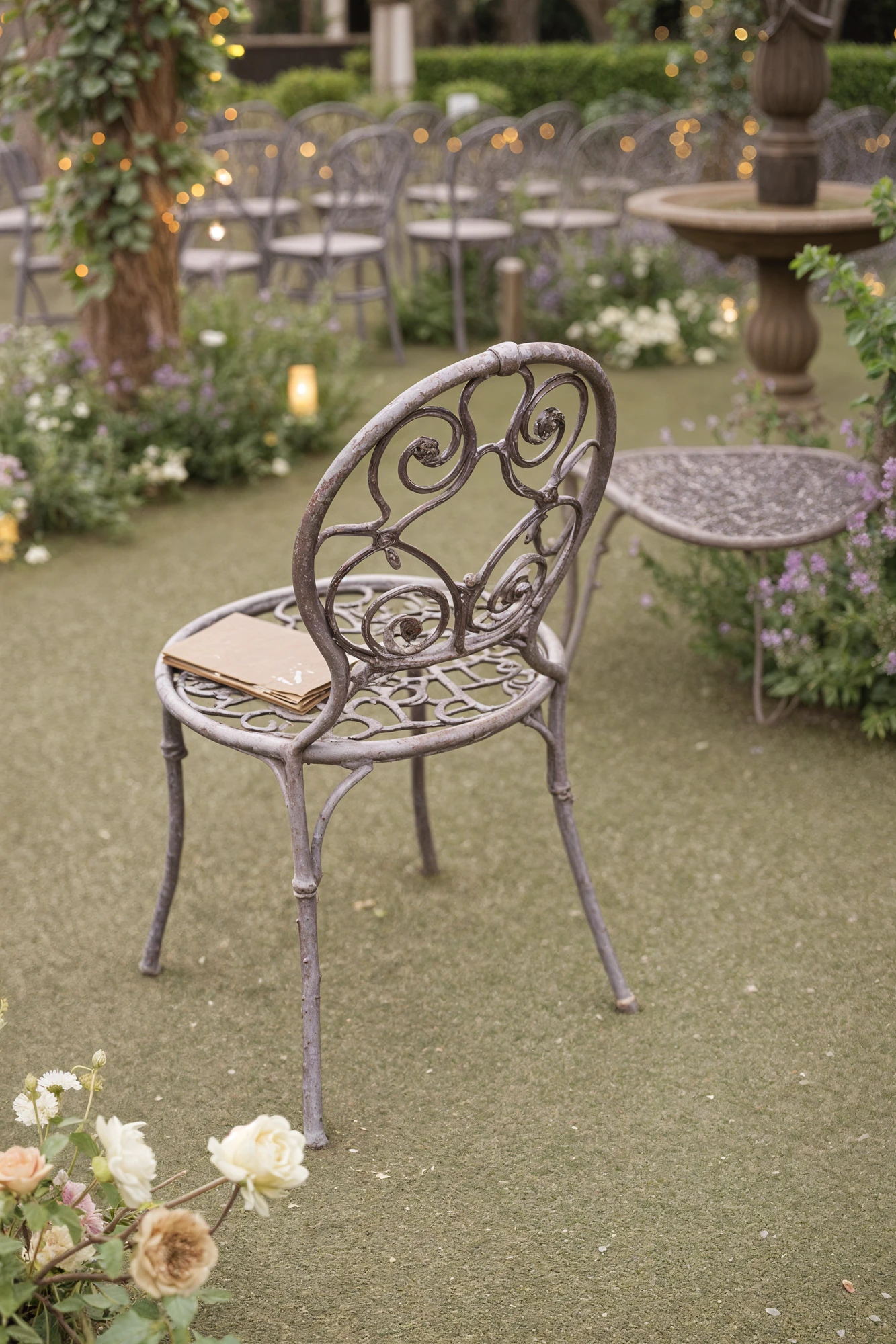 Metal garden chairs arranged in rows on a lawn at wedding ceremony