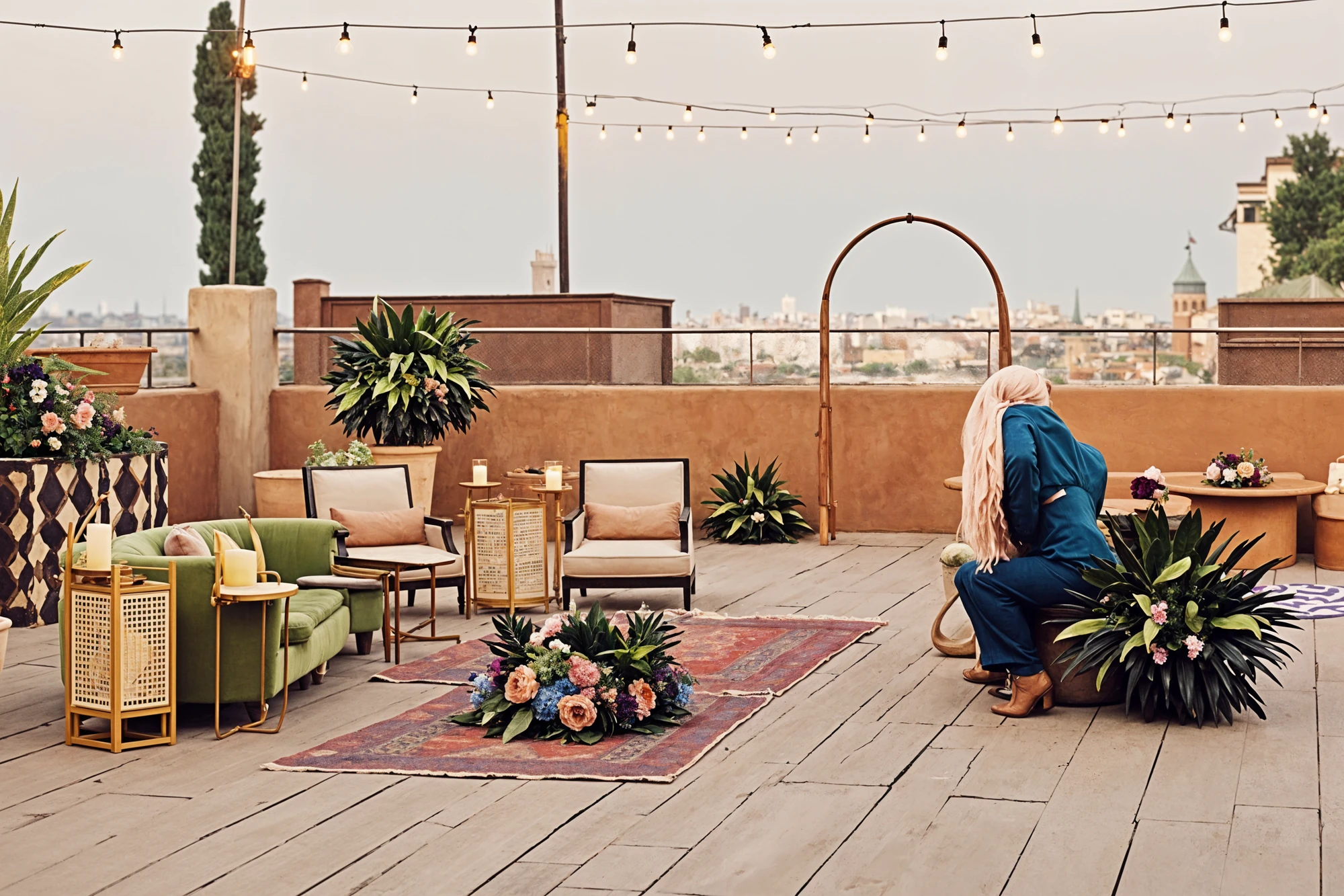 Colorful wedding ceremony setup with colorful floral decorations, dining chairs, and a sofa in an outdoor space