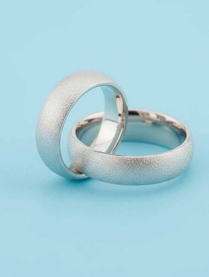 A high-quality product photograph of two elegant, silver or white gold wedding bands