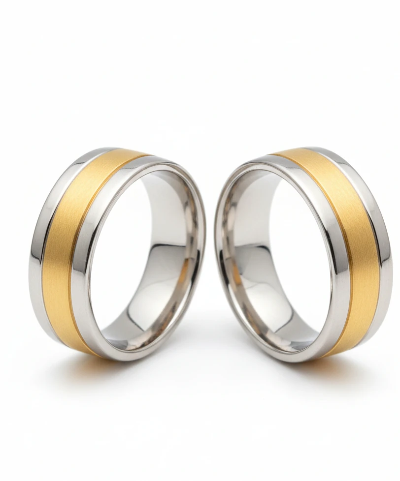  two paired two-toned wedding bands.