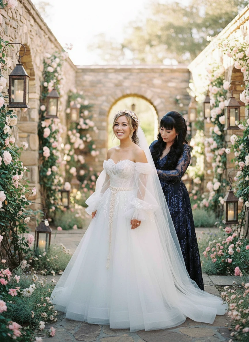 bride's mother helps her into Cinderella-inspired long sleeve wedding gown