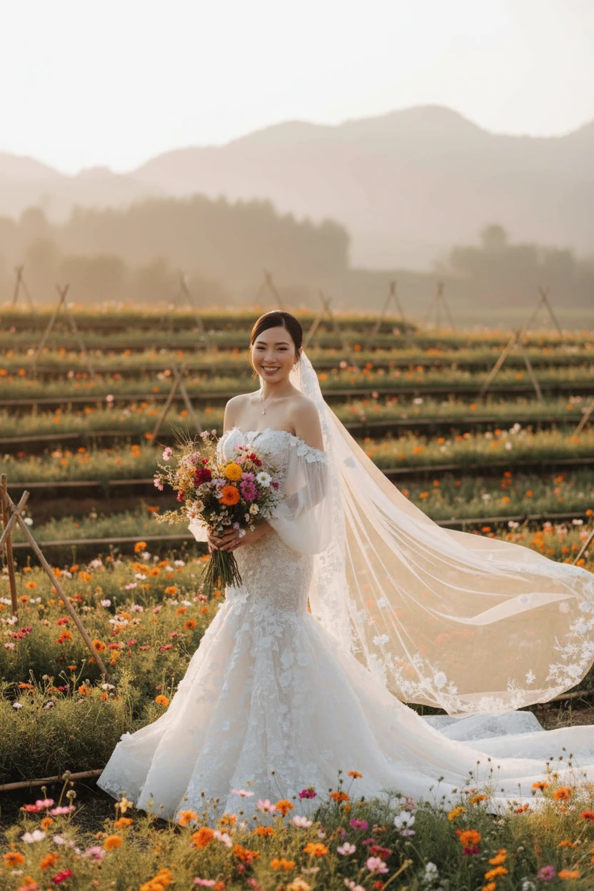 Portrait of Bride in White Gown Amongst White Flowers