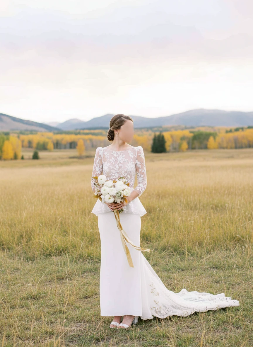 Bride in lace wedding dress holding a floral bouquet, standing in a field with mountains in the background.