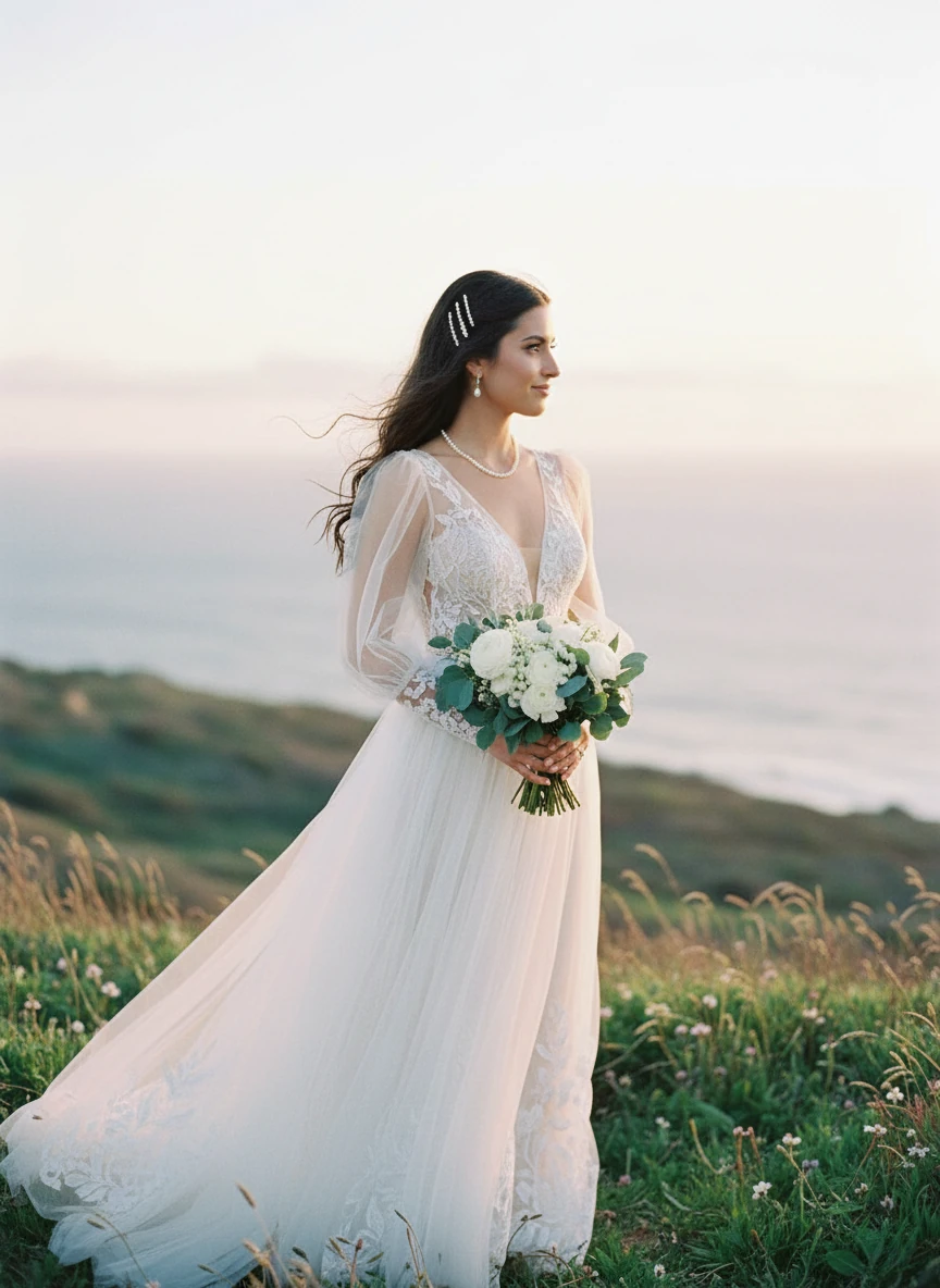 Bride posing in long sleeve lace wedding dress holding flower bouquet 