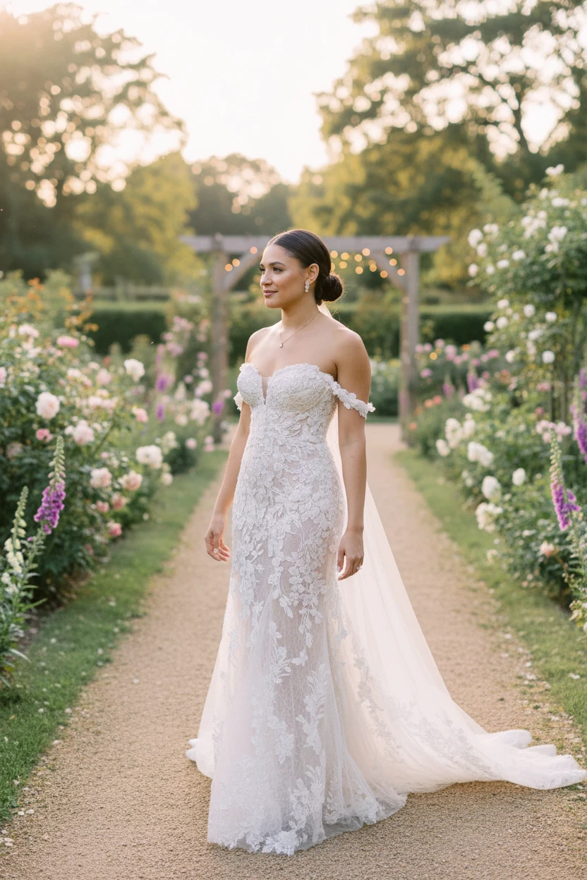 Portrait of Bride in Lace Wedding Dress With Hair in Bun in Front of Roman Floral Wallpaper 