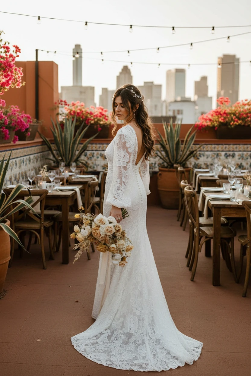 Birde in lace wedding dress holding wicker purse and beige and white flower bouquet 