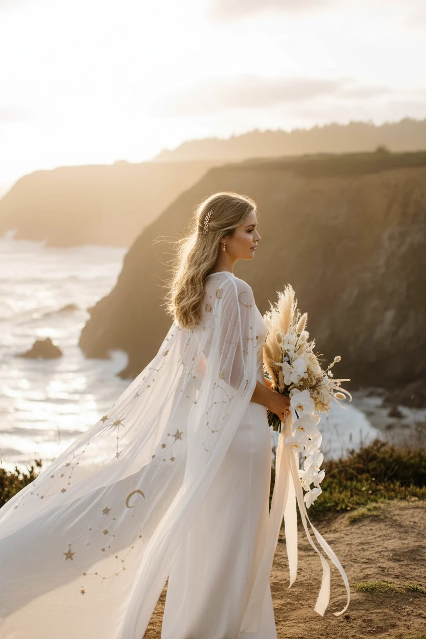 Bride in Slip Wedding Dress with Sheer Cape Holding Loose, Natural Bouquet Tied with Long Ribbon and Standing in Flower Field