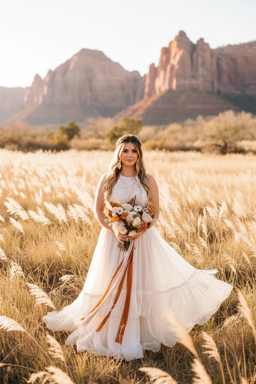 Birde poses in high-neck floral dress with train and holds bouquet with pink, white, and orange florals with ribbon