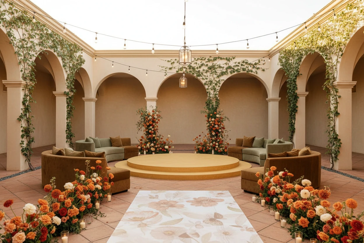 Indoor Wedding Reception Space with Custom Floral Dance Floor and Overhead Floral Installation
