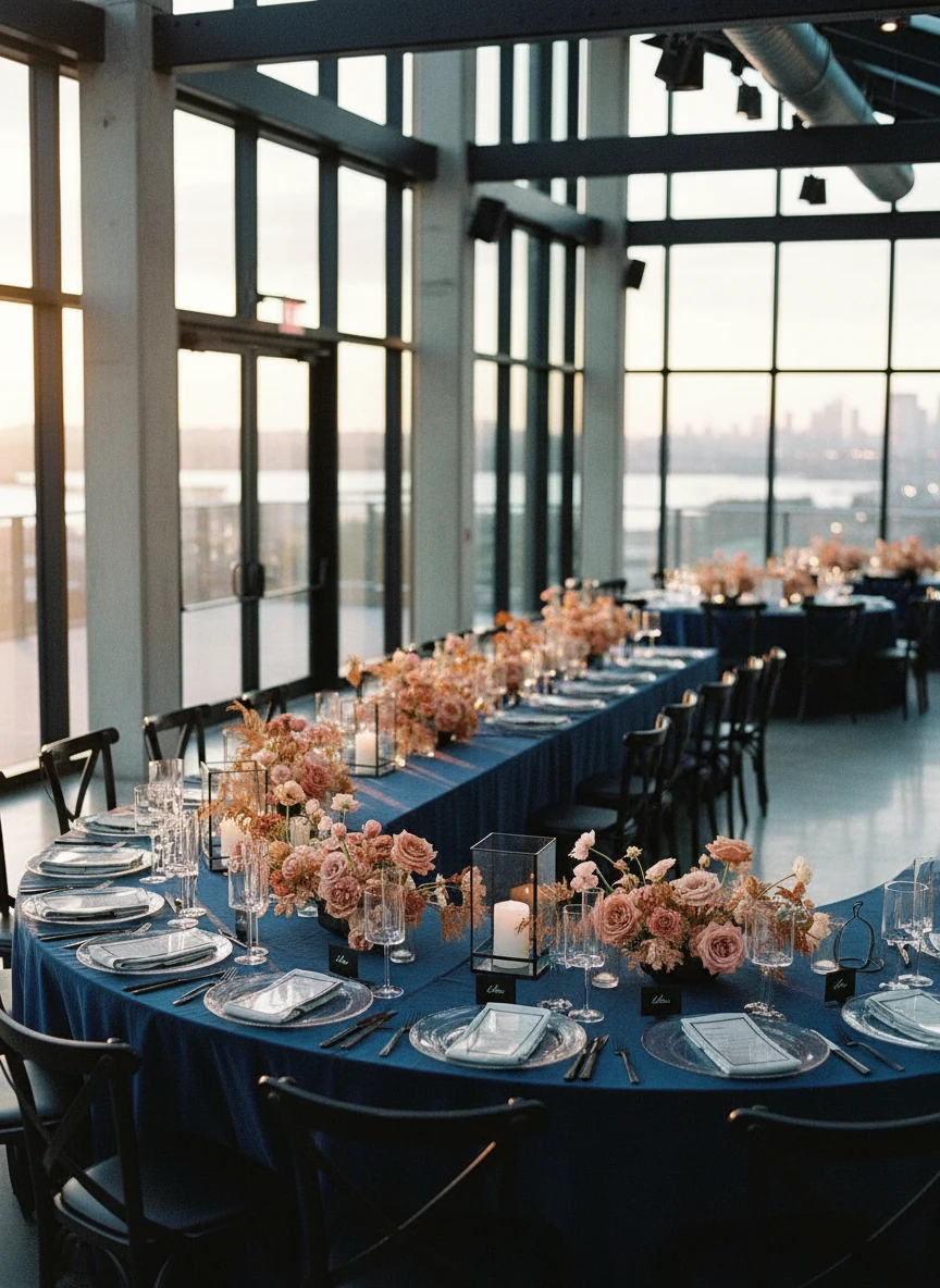 An elegantly arranged outdoor dining table with floral centerpieces and string lights above