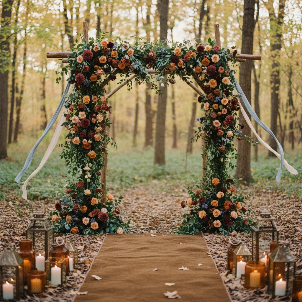 Place settings with white plates, a beige napkin, a gold charger, gold flatware, burgundy and amber glassware, and a centerpiece with burgundy and pink shades