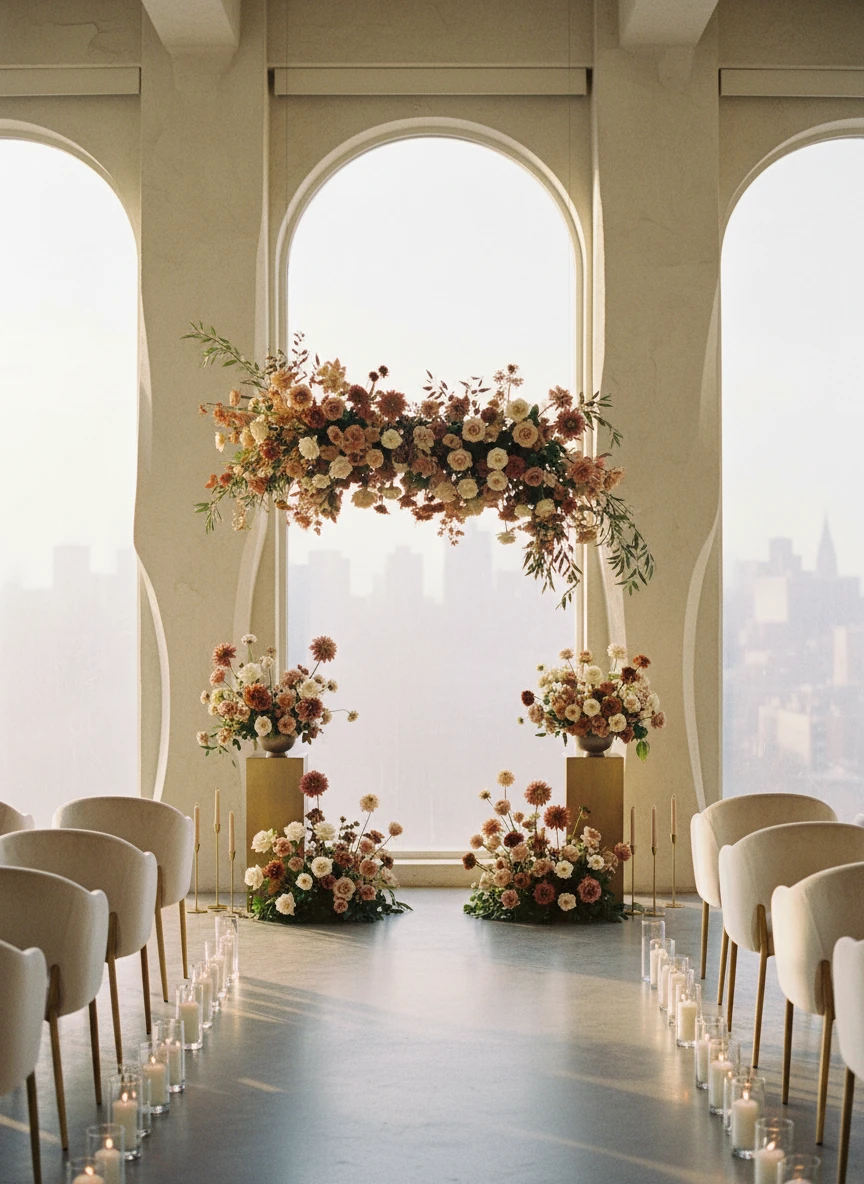 Pink and orange flower decor next to wooden chairs at outdoor wedding ceremony