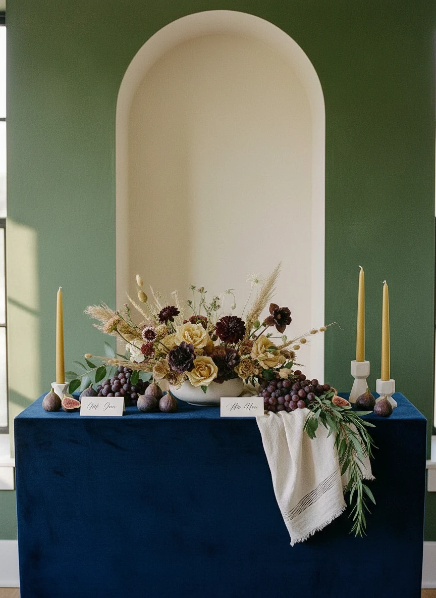 A formal dining table setup outdoors with floral centerpiece and tableware arranged