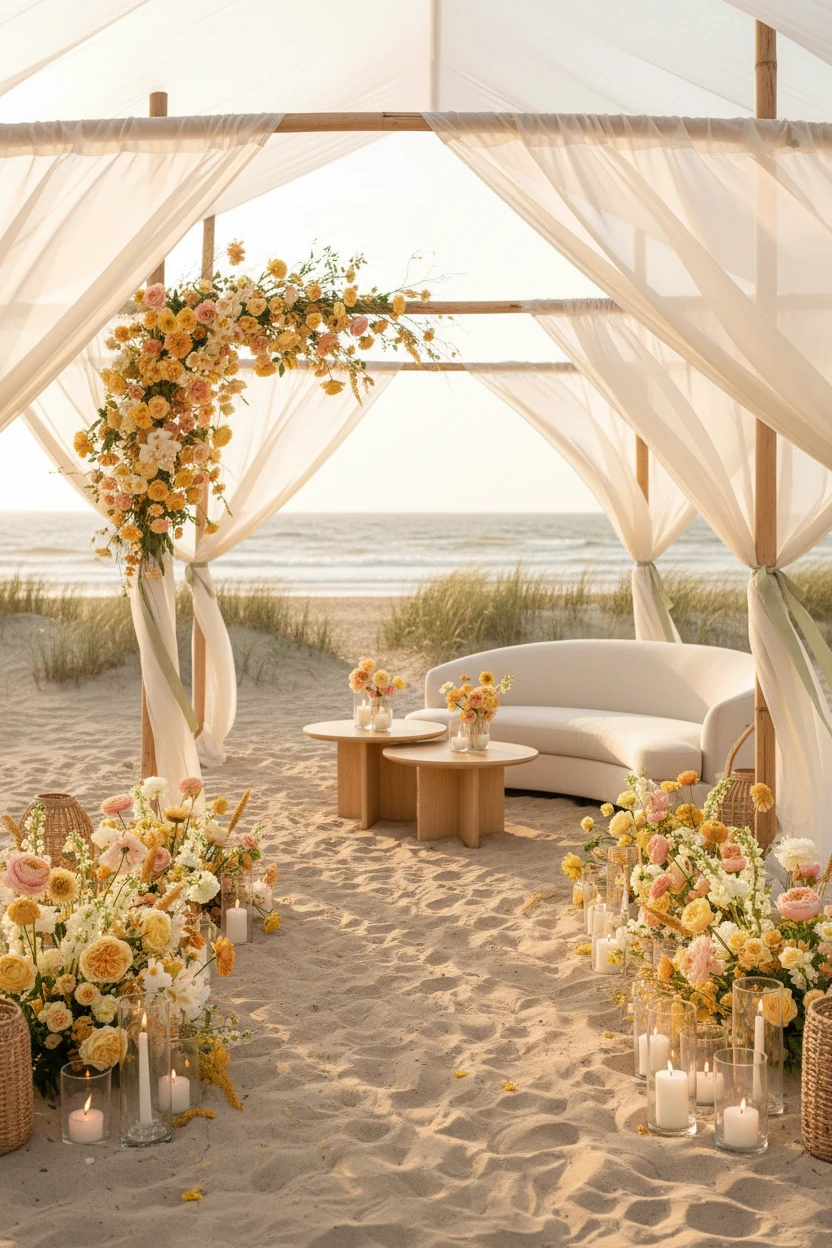 A table set for a formal event with floral centerpieces and place settings