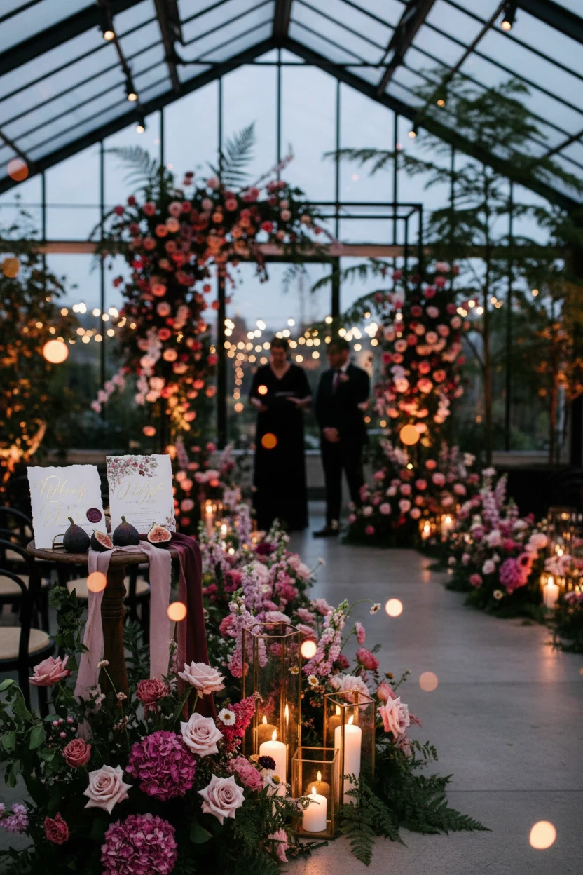 A table set for an event with floral decorations and candles