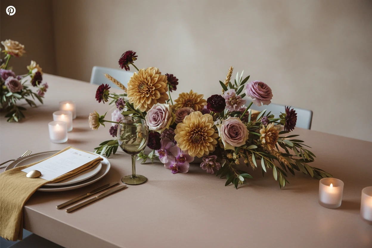 Platter of fruit with figs grapes and greenery surrounded by glassware and candles on a wooden table setup